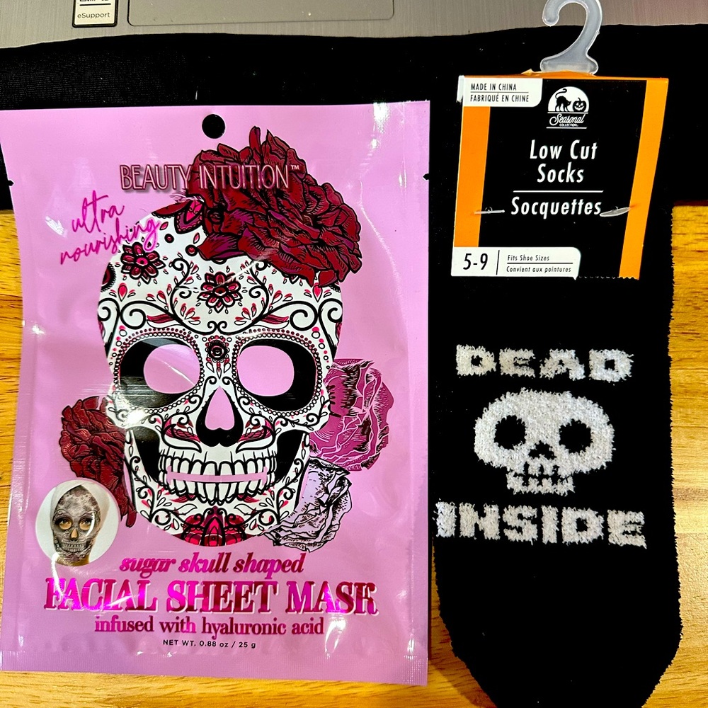 Sugar Skull Shaped Facial Sheet Mask and Dead Inside Skull Socks Bundle
